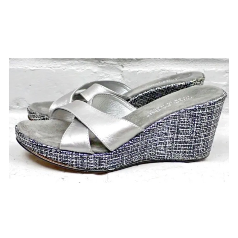 Mila Paoli Wedge Italian Leather Slip On Sandals Gray Womens Size 7.5
